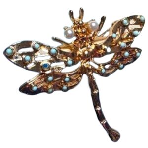 Gold Dragonfly Brooch | Vintage Turquoise & Faux Pearl Pin RR 71